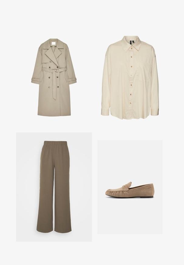 Gabardina beige hecha de un tejido texturizado, con un frente de doble botonadura, amplios solapas, un cinturón y dos bolsillos laterales.; Vero Moda VMJOANN OVERSIZED - Blusa - tapioca; Selected Wide-leg Classic - Pantalones - morel; Mocasín beige de ante para hombre con costuras de mocasín, suela plana y detalle de tira con ranura para moneda, mostrado de perfil sobre fondo blanco.