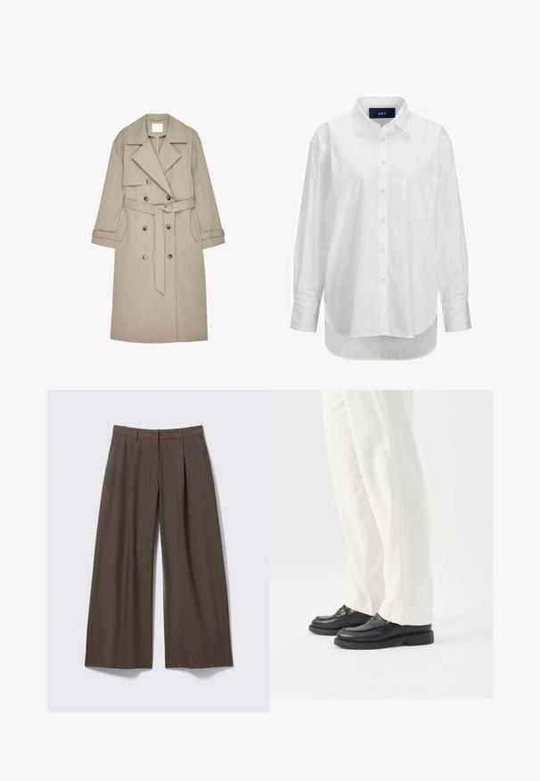 Gabardina beige hecha de un tejido texturizado, con un frente de doble botonadura, amplios solapas, un cinturón y dos bolsillos laterales.; Camisa blanca de manga larga en algodón suave con cuello abotonado, bolsillo frontal y dobladillo curvado. Cuenta con un canesú en la parte posterior para mayor estructura.; Pantalones de pernera ancha con raya diplomática marrón, con trabillas para el cinturón y pliegues frontales, exhibidos planos sobre un fondo gris claro.; Persona con pantalones blancos a medida y mocasines de cuero negros de pie sobre un fondo blanco.