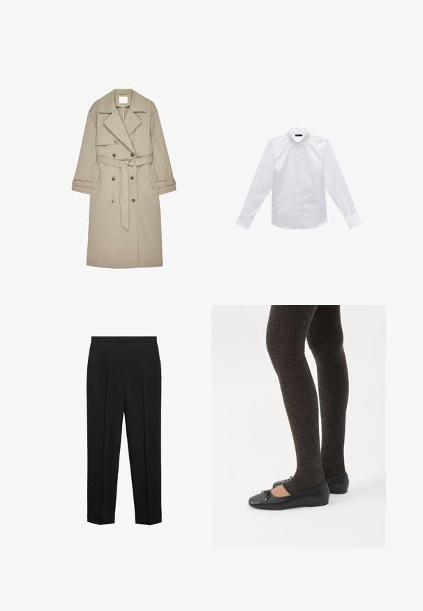 Beige trenchcoat gemaakt van een gestructureerde stof, met een dubbelzijdige voorkant, brede revers, een riem en twee zijzakken.; Witte blouse met lange mouwen, gemaakt van katoen, met een klassieke kraag en een knoopsluiting aan de voorkant. Voorzien van knoopmanchetten en een rechte zoom.; Zwarte broek in een getailleerd design, met een rechte pijp, voorplooien en een schone zoom. Gemaakt van een gladde stof zonder zichtbare patronen.; Benen met donkere geribbelde leggings gecombineerd met zwarte ballerina's met kleine strikdetails op een witte achtergrond.