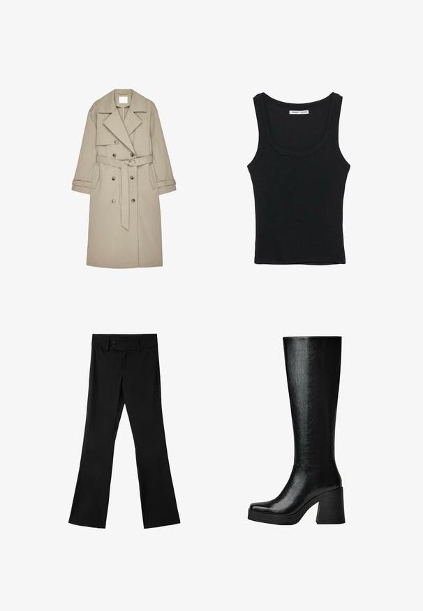 Beige Trenchcoat aus einem strukturierten Stoff, mit doppelt geknöpftem Front, breiten Revers, einem Gürtel und zwei seitlichen Taschen.; Schwarzes, geripptes ärmelloses Tanktop mit rundem Ausschnitt und geradem Saum, Etikett im Nackeninnenteil.; Schwarze Damenhose mit einem breiten Bund mit zwei Knöpfen und leicht ausgestellten Hosenbeinen vor weißem Hintergrund.; Schwarzer kniehoher Lederstiefel mit klobigem Blockabsatz und quadratischer Spitze, von der Seite auf weißem Hintergrund gezeigt.