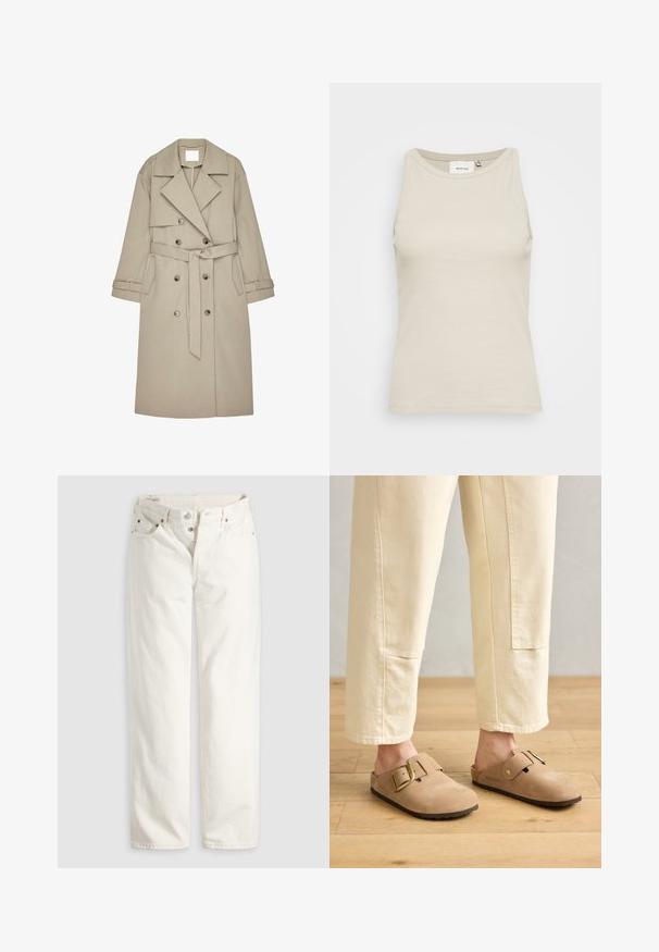 Gabardina beige hecha de un tejido texturizado, con un frente de doble botonadura, amplios solapas, un cinturón y dos bolsillos laterales.; Top de tanque beige claro hecho de tela acanalada con cuello redondo y diseño sin mangas. Presenta una sutil etiqueta de la marca en el interior.; Vaqueros blancos de talle alto con pierna recta, cremallera de botones, bolsillos delanteros y traseros, y remaches de cobre visibles en las esquinas de los bolsillos.; Zuecos de gamuza en tono marrón claro con una correa ancha y hebilla dorada, superficie texturizada y suela de goma marrón; combinados con pantalones sueltos de corte tapered en color marfil.