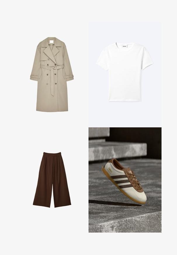 Beige trenchcoat lavet af et tekstureret stof, med en dobbeltradet front, brede revers, et bælte og to sidelommer.; Ensfarvet hvid t-shirt med korte ærmer og rund halsudskæring med en lille "WEEKDAY" label indeni halskanten, vist fladt på en lys baggrund.; Bredbenede brune bukser med folder, sidelommer og høj talje med bæltestropper, præsenteret mod en hvid baggrund.; Hvid og brun Adidas Gazelle-sneaker med gummisål svævende over stenetrin og jord i udendørs omgivelser.