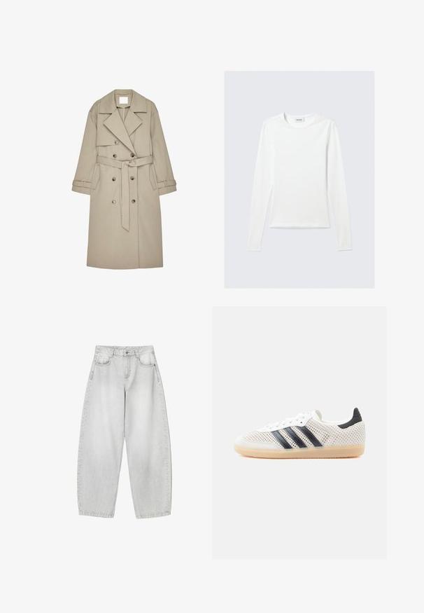 Beige Trenchcoat aus einem strukturierten Stoff, mit doppelt geknöpftem Front, breiten Revers, einem Gürtel und zwei seitlichen Taschen.; Langärmliges, schlichtes weißes Rundhals-Shirt mit schlanker Passform, dargestellt vor einem hellgrauen Hintergrund.; Helle graue weit geschnittene Jeans aus Denim, mit Fronttaschen, einem knöpfbaren Bund und einer leicht verwaschenen Optik.; Weiße Mesh-Sneaker mit schwarzem Drei-Streifen-Design, abgerundeter Spitze und Gummisohle. Verfügen über einen weichen Fersenkragen und Schnürverschluss.
