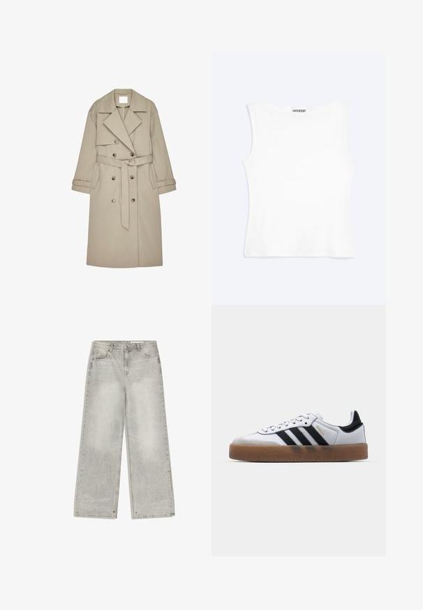 Beige trenchcoat lavet af et tekstureret stof, med en dobbeltradet front, brede revers, et bælte og to sidelommer.; Hvid tætsiddende ærmeløs tanktop med rund halsudskæring og minimalistisk design, mærket "WEEKDAY" indeni kraven.; Grå denim jeans med brede ben har en falmet finish, fem lommer og metalhardware. Stoffet har en blød tekstur med en ren kant.; Hvide lædersneakers med sorte striber, gummirubber sål, rund tå, snørelukning og blød grå ruskinds tåhætte.