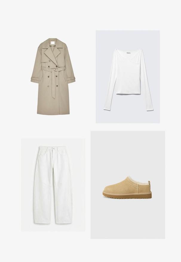 Gabardina beige hecha de un tejido texturizado, con un frente de doble botonadura, amplios solapas, un cinturón y dos bolsillos laterales.; Top blanco de manga larga con diseño cruzado y un bolsillo. Fabricado en una tela suave y elástica. Con un corte casual y relajado.; Vaqueros blancos de pierna recta con bolsillos delanteros, trabillas para cinturón, cierre de botón y costuras visibles.; Zapato de ante sin cordones en color marrón claro, con un suave forro de piel de zorro y suela de goma texturizada con un ligero tacón y una lengüeta trasera para facilitar el uso.