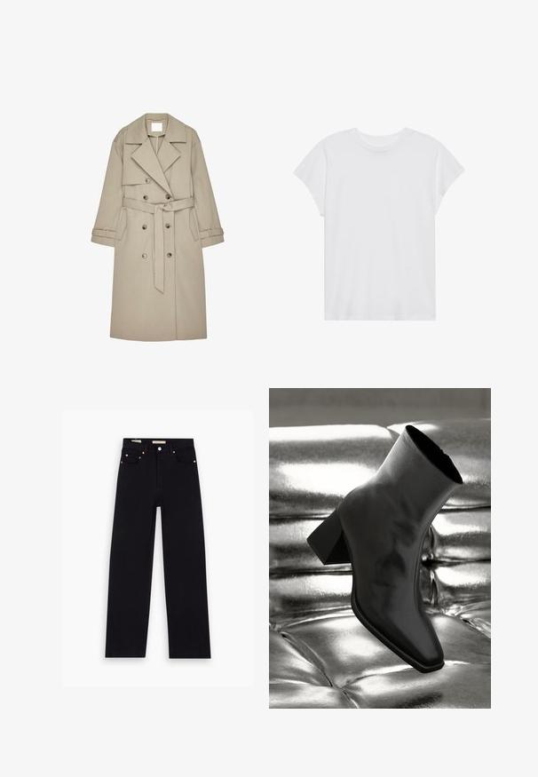 Beige Trenchcoat aus einem strukturierten Stoff, mit doppelt geknöpftem Front, breiten Revers, einem Gürtel und zwei seitlichen Taschen.; Weißes kurzärmliges T-Shirt mit Rundhalsausschnitt, lockerer Passform, aus weichem Baumwollstoff. Glatte Textur, keine Muster oder Logos.; Schwarze Denim-Jeans mit geradem Schnitt, fünf Taschen, Kupferbeschlägen und einer glatten Textur. Zwei Etiketten sind am Bund sichtbar.; Schwarzer Knöchelstiefel aus glänzendem Material mit quadratischer Zehenform und verjüngtem Absatz, vor einem glänzenden silbernen gepolsterten Hintergrund.