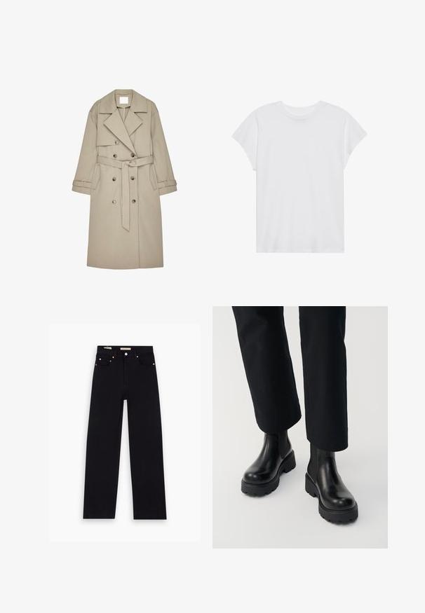 Gabardina beige hecha de un tejido texturizado, con un frente de doble botonadura, amplios solapas, un cinturón y dos bolsillos laterales.; Camiseta blanca de manga corta con cuello redondo, corte relajado, hecha de suave tela de algodón. Textura lisa, sin estampados ni logotipos.; Jeans de mezclilla negros con corte recto, cinco bolsillos, herrajes de cobre y una textura suave. Dos etiquetas visibles en la cinturilla.; Persona que lleva botas de tacón grueso de cuero negro combinadas con pantalones negros de pierna recta sobre un fondo blanco.