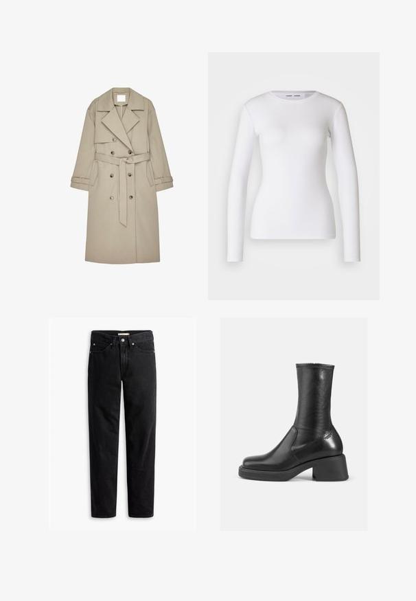 Beige trenchcoat gemaakt van een gestructureerde stof, met een dubbelzijdige voorkant, brede revers, een riem en twee zijzakken.; Witte longsleeve shirt van ribstof, met een ronde halslijn en een getailleerde vorm. Er zijn geen patronen of accenten aanwezig.; Zwarte straight-leg jeans met knoop- en ritssluiting, riemlussen en voor- en achterzakken, plat gelegd op een witte achtergrond.; Zwarte leren enkelboot met een gladde afwerking, vierkante neus en een chunky blokhak. Bevat zijnaadstiksel en een subtiele metalen accenten.