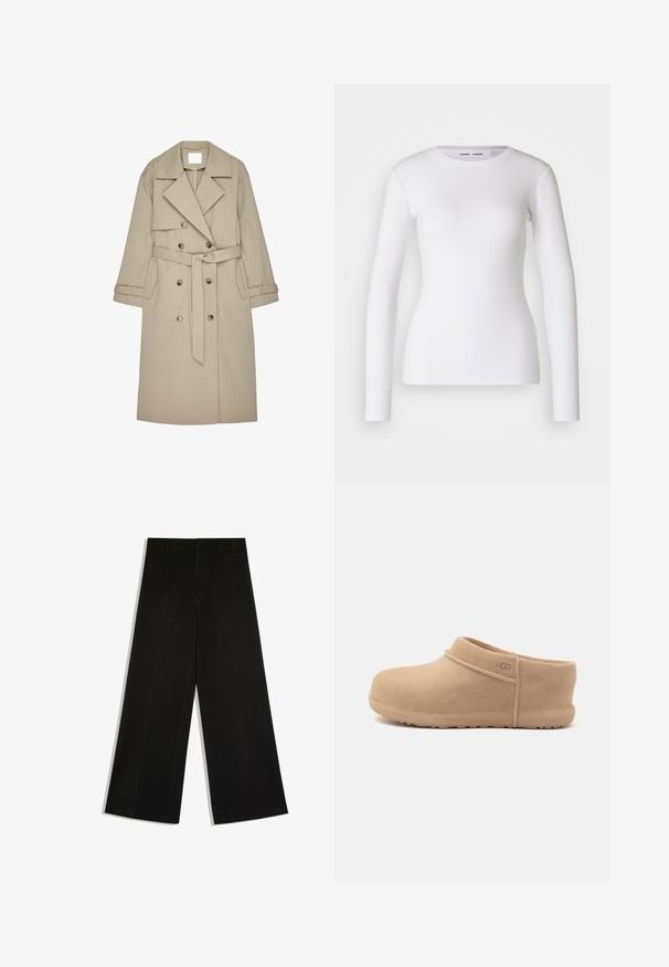 Beige trenchcoat gemaakt van een gestructureerde stof, met een dubbelzijdige voorkant, brede revers, een riem en twee zijzakken.; Witte longsleeve shirt van ribstof, met een ronde halslijn en een getailleerde vorm. Er zijn geen patronen of accenten aanwezig.; Zwarte wijde broek met riemlussen, knoop aan de voorkant en rits, plat neergelegd op een witte achtergrond.; Lichtbruine suède instapslof met lage hak en UGG-logo aan de zijkant, afgebeeld tegen een effen witte achtergrond.