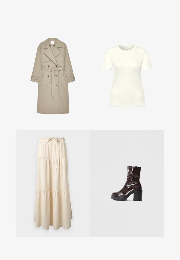 Beige Trenchcoat aus einem strukturierten Stoff, mit doppelt geknöpftem Front, breiten Revers, einem Gürtel und zwei seitlichen Taschen.; Weißes, kurzärmeliges, tailliertes T-Shirt mit Rundhalsausschnitt und einem kleinen Etikett innen im Kragen vor schlichtem Hintergrund.; Beige gestufter Maxirock mit elastischem Bund und Kordelzug, mit fließendem, gerafftem Stoffdesign.; Glatte bordeauxrote Ankle Boots mit einem klobigen schwarzen Absatz, die eine glatte Oberfläche und ein einfaches Design aufweisen. Keine sichtbaren Verschlüsse oder Muster.