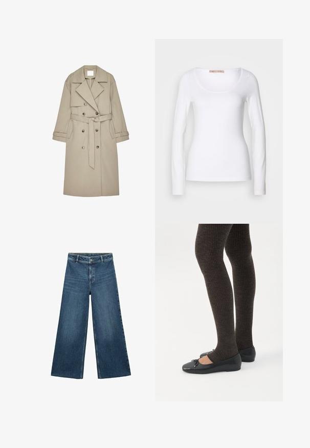 Beige trenchcoat lavet af et tekstureret stof, med en dobbeltradet front, brede revers, et bælte og to sidelommer.; Langærmet hvid bomulds T-shirt med rund halsudskæring og tætsiddende design, med glat tekstur og uden udsmykninger.; Bredde ben blå denim jeans med en falmet finish, lynlås og en frynset kant. Har fem lommer og beige syninger.; Ben iført mørke ribbede leggings kombineret med sorte balletsko med små sløjfedetaljer på hvid baggrund.
