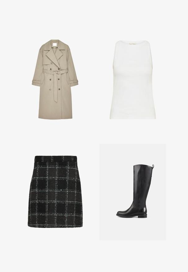 Beige Trenchcoat aus einem strukturierten Stoff, mit doppelt geknöpftem Front, breiten Revers, einem Gürtel und zwei seitlichen Taschen.; Weißes ärmelloses, geripptes Tanktop mit rundem Ausschnitt und figurbetontem Schnitt vor einem schlichten Hintergrund.; Schwarzer karierter Minirock mit strukturiertem Stoff, formeller Silhouette und kontrastierenden weißen Gitterlinien für visuelle Details.; Schwarz Leder Stiefel bis zum Knie mit glatter Oberfläche, runder Spitze, tiefem Absatz und Zugschlaufe hinten. Minimalistisches Design ohne sichtbare Muster.