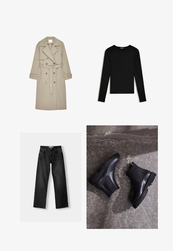 Beige trenchcoat gemaakt van een gestructureerde stof, met een dubbelzijdige voorkant, brede revers, een riem en twee zijzakken.; Zwart T-shirt met lange mouwen en ronde hals, eenvoudig ontwerp, plat neergelegd op een witte achtergrond.; Bershka Straight leg jeans - mottled dark grey; Zwarte enkellaarsjes met een chunky zool, elastische panelen en een gladde leren afwerking. Opvallende groeven in de loopzool en een slanke silhoutte.