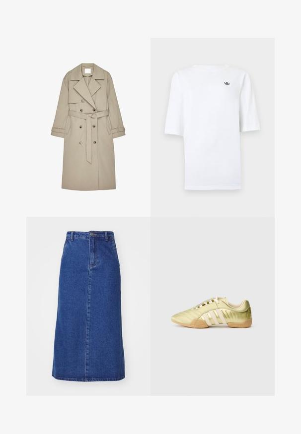 Beige trenchcoat gemaakt van een gestructureerde stof, met een dubbelzijdige voorkant, brede revers, een riem en twee zijzakken.; Wit Adidas T-shirt met korte mouwen en een klein zwart trefoil-logo op de linkerborst.; Donzen rok in donkerblauw, met een getailleerde taille, rechte pasvorm en naden aan de voorkant, met een zoom die onder de knie valt.; Synthetische sportschoen in limoengroen met een gladde textuur, voorzien van drie witte strepen, een zachte binnenvoering en een gestructureerde rubberen buitenzool.