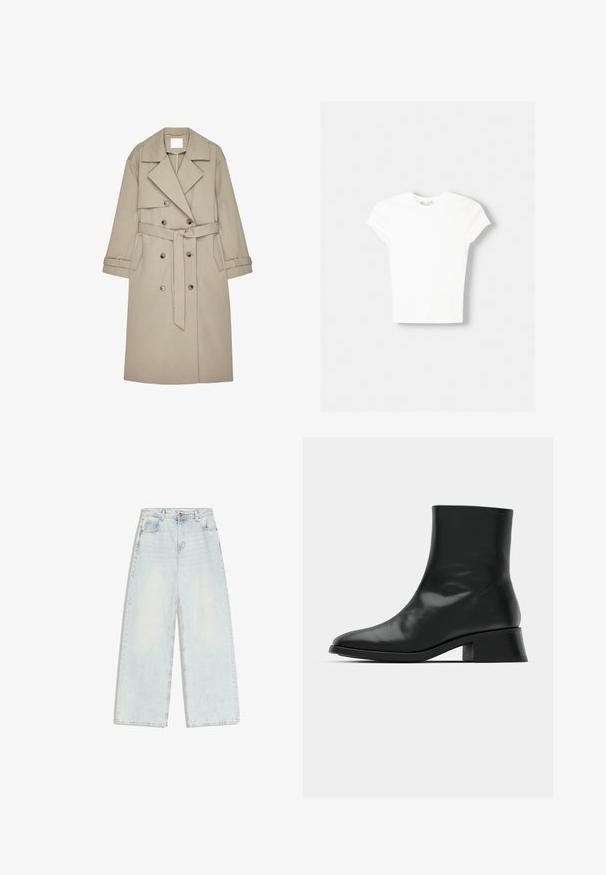 Beige Trenchcoat aus einem strukturierten Stoff, mit doppelt geknöpftem Front, breiten Revers, einem Gürtel und zwei seitlichen Taschen.; Weißes kurzärmliges T-Shirt aus weicher Baumwolle, mit Rundhalsausschnitt und figurbetonter Form. Keine sichtbaren Muster oder Verzierungen.; Hellblaue Jeans mit weitem Bein aus Denim. Sie zeichnen sich durch eine hohe Taille, traditionelle Taschen und ein verblasstes Finish aus. Keine Verzierungen oder Muster.; Schwarze Ankle Boots aus glänzendem Leder, mit einem eleganten Design, spitzer Zehenpartie und einem moderaten Blockabsatz für Stabilität.