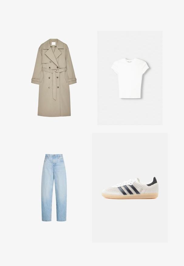 Beige trenchcoat lavet af et tekstureret stof, med en dobbeltradet front, brede revers, et bælte og to sidelommer.; Hvid kortærmet t-shirt lavet af blød bomuld, med rund halsudskæring og en tætsiddende form. Ingen synlige mønstre eller udsmykninger.; Lyseblå jeans med højtaljede og lige ben, med forlommer, bælteløkker og knaplukning.; Hvide mesh-sneakers med sort tre-stribet design, rundet tå og gummisål. Har blød hælkant og snørelukning.