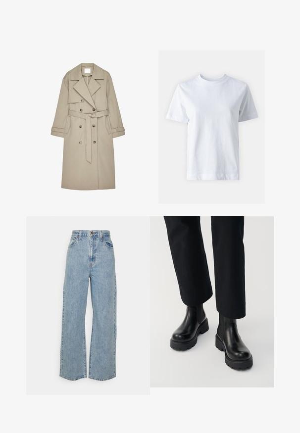 Beige Trenchcoat aus einem strukturierten Stoff, mit doppelt geknöpftem Front, breiten Revers, einem Gürtel und zwei seitlichen Taschen.; Weißes Baumwoll-T-Shirt mit Rundhalsausschnitt, kurzen Ärmeln, gerader Schnittführung und glatter Textur. Keine Muster oder Verzierungen.; Hellblaue, weit geschnittene Jeans mit hoher Taille, vorderem Knopf, Reißverschluss und Fünf-Taschen-Design auf neutralem Hintergrund.; Person trägt schwarze Leder-Stiefeletten mit klobiger Sohle, kombiniert mit schwarzen Straight-Leg-Hosen vor weißem Hintergrund.