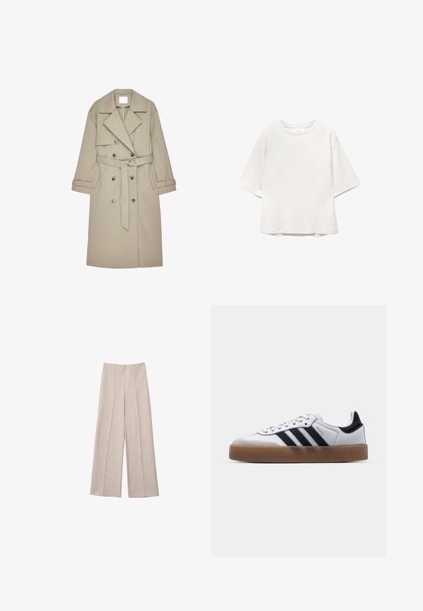 Beige Trenchcoat aus einem strukturierten Stoff, mit doppelt geknöpftem Front, breiten Revers, einem Gürtel und zwei seitlichen Taschen.; Weißes Kurzarm-T-Shirt mit Rundhalsausschnitt, Raglanärmeln und dezenten Nahtdetails an der Vorderseite und an den Schultern, flach auf einem weißen Hintergrund ausgelegt.; Beige weite Hose aus einem weichen Stoff, mit auffälligen vorderen Falten und einem taillierten Design mit hoher Taille, ohne sichtbare Taschen.; Weiße Leder Sneakers mit schwarzen Streifen, Gummigummi-Außensohle, runder Zehenform, Schnürverschluss und weichem grauem Wildleder-Zehenkappe.