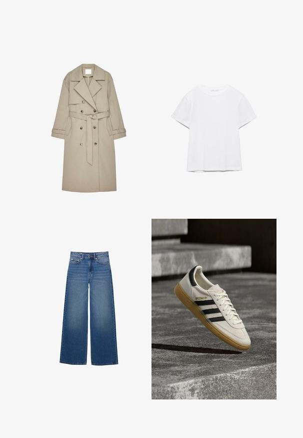 Beige Trenchcoat aus einem strukturierten Stoff, mit doppelt geknöpftem Front, breiten Revers, einem Gürtel und zwei seitlichen Taschen.; Unifarbenes weißes T-Shirt mit kurzen Ärmeln und Rundhalsausschnitt, gerader Saum, dargestellt auf weißem Hintergrund.; Weit geschnittene Jeans aus Denim in mittlerem Blauton, mit hoher Taille, Fünf-Taschen-Design und gesteppten Details entlang der Nähte.; Weißer Adidas Spezial Sneaker mit schwarzen Streifen und Kautschuksohle, der über grauen Steinstufen im Freien schwebt.