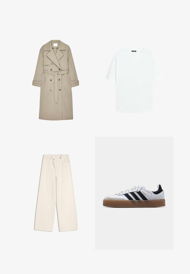 Beige trenchcoat lavet af et tekstureret stof, med en dobbeltradet front, brede revers, et bælte og to sidelommer.; Simpel hvid T-shirt med korte ærmer og rund hals, med en lille sort label inde i kraven.; Off-white bukser med vidde i benene, foranlommer, bærestropper og sølvknapper på linningen og lommekanter.; Hvide lædersneakers med sorte striber, gummirubber sål, rund tå, snørelukning og blød grå ruskinds tåhætte.