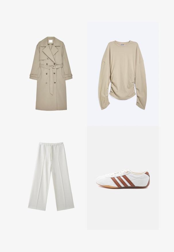 Beige Trenchcoat aus einem strukturierten Stoff, mit doppelt geknöpftem Front, breiten Revers, einem Gürtel und zwei seitlichen Taschen.; Beiges Langarm-Rundhalsshirt mit übergroßen Ärmeln und gerafften Seiten, flach auf weißem Hintergrund ausgelegt.; Weiße Hose mit weitem Bein, elastischem Bund und Kordelzug, mit Nahtdetails vorne an jedem Bein.; Weißer Sneaker mit niedrigem Schaft, braunen Lederstreifen, Schnürverschluss und einer Laufsohle aus Gummimaterial, von der Innenseite auf weißem Hintergrund gezeigt.