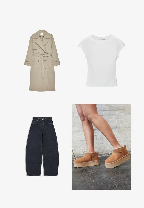 Beige Trenchcoat aus einem strukturierten Stoff, mit doppelt geknöpftem Front, breiten Revers, einem Gürtel und zwei seitlichen Taschen.; Weißes Baumwoll-T-Shirt mit kurzen, aufgerollten Ärmeln, rundem Ausschnitt und geradem Saum. Glatte Textur ohne sichtbare Muster oder Akzente.; Dunkelblaue Jeans mit weitem Bein, hoher Taille, vorderem Knopf, Reißverschluss und Fünf-Taschen-Design auf weißem Hintergrund.; Braune Wildleder-Stiefeletten mit einem weichen Futter, dicker beige Plateau-Sohle und einer Zuglasche auf der Rückseite. Strukturiert Oberfläche mit sichtbaren Nähdetails.