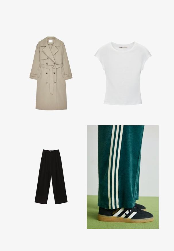 Beige trenchcoat lavet af et tekstureret stof, med en dobbeltradet front, brede revers, et bælte og to sidelommer.; Hvid bomuld t-shirt med korte, opsmøgede ærmer, rund halsudskæring og lige kant. Glat tekstur uden synlige mønstre eller detaljer.; Sorte brede bukser med høj talje, der har et bælte i taljen og plisseringer for tekstur. Fremstillet af et glat, letvægtsstof.; Grønne teksturerede bukser med hvide sidelince, parret med sorte Adidas sneakers med tre hvide striber og en gummisål.
