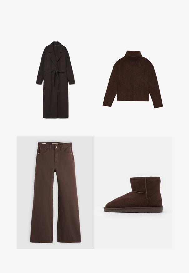 Mørkebrun uldfrakke med en lang silhuet, store revers, et bælte i taljen og to forlommer. Fremstillet af blødt, struktureret stof.; Brun ribbet turtleneck sweater med lange ærmer og cropped silhuet, med et tykkere, struktureret strikdesign.; Brune vidde bukser med høj talje, fem lommer og knaplukning, lagt fladt på en lys baggrund.; Brune ruskindsankelstøvler med en afrundet tå og blødt indre for, der har en flad gummisål og tonale stikninger.