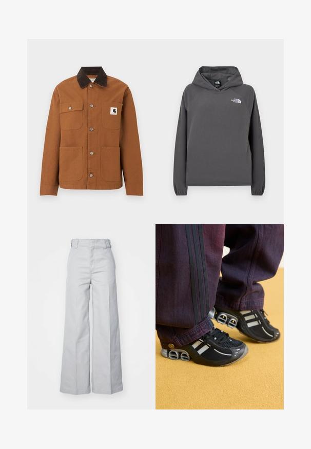 Καφέ μπουφάν Carhartt με μαύρο γιακά από κορδόνι, τέσσερις τσέπες μπροστά, εκ των οποίων η μία με λογότυπο, και μεταλλικά κουμπιά σούστες μπροστά.; Γκρι φούτερ με κουκούλα, άνετη εφαρμογή, ριμπ μανσέτες και μικρό λευκό λογότυπο στο αριστερό στήθος. Μαλακή υφή και απλός σχεδιασμός.; Ανοιχτό γκρι παντελόνι με φαρδιά γραμμή, κατασκευασμένο από μείγμα βαμβακιού, με υψηλή μέση, δομημένη ζώνη και ορατές ραφές.; Μαύρα αθλητικά παπούτσια με ασημένιες λεπτομέρειες και υφασμάτινη επένδυση με δομή. Σκοτεινές μοβ παντελόνες με τριπλές μαύρες ρίγες στο πλάι. Κίτρινη επιφάνεια εδάφους.