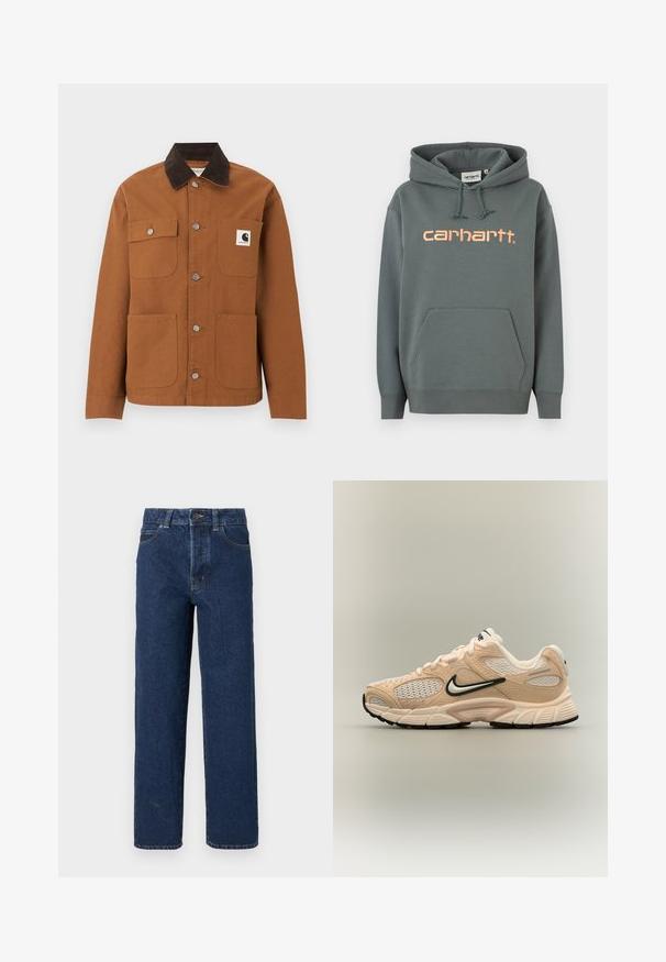 Καφέ μπουφάν Carhartt με μαύρο γιακά από κορδόνι, τέσσερις τσέπες μπροστά, εκ των οποίων η μία με λογότυπο, και μεταλλικά κουμπιά σούστες μπροστά.; Φούτερ με κουκούλα σε σκούρο γκρι, με τσέπη καγκουρό, ριμπ μανσέτες και ροζ λογότυπο "carhartt" στο στήθος. Ρυθμιζόμενη κουκούλα με κορδόνι.; Σκούρα μπλε τζιν με ίσια γραμμή, τσέπες μπροστά, θηλάκια για ζώνη, κούμπωμα με κουμπί και εμφανείς ραφές, σε λευκό φόντο.; Μπεζ και λευκό αθλητικό παπούτσι Nike με διχτυωτές επιφάνειες, μαύρο λογότυπο Swoosh και υφή σόλας σε απλό ανοιχτό φόντο.