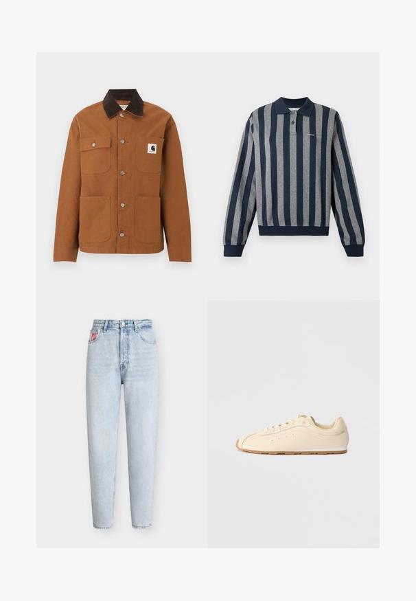 Καφέ μπουφάν Carhartt με μαύρο γιακά από κορδόνι, τέσσερις τσέπες μπροστά, εκ των οποίων η μία με λογότυπο, και μεταλλικά κουμπιά σούστες μπροστά.; Μπλούζα πόλο μακρυμάνικη με κάθετες ρίγες σε ναυτικό μπλε και γκρι, με γιακά, πατιλέτα με κουμπιά και ριμπ τελείωμα και μανσέτες.; Ανοιχτό μπλε τζιν ψηλόμεσο με ίσια πόδια, εμπρόσθιες τσέπες, θηλιές για ζώνη και μια μικρή κόκκινη λεπτομέρεια στην δεξιά τσέπη.; Μπεζ αθλητικά παπούτσια από λείο δέρμα με στρογγυλή μύτη, επίπεδη σόλα από καουτσούκ και μινιμαλιστικό σχεδιασμό που διαθέτει διακριτικές ραφές και διάτρητα σημεία.
