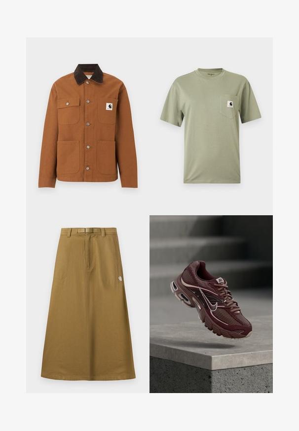 Καφέ μπουφάν Carhartt με μαύρο γιακά από κορδόνι, τέσσερις τσέπες μπροστά, εκ των οποίων η μία με λογότυπο, και μεταλλικά κουμπιά σούστες μπροστά.; Λαδί κοντομάνικη μπλούζα με στρογγυλή λαιμόκοψη και τσέπη στο στήθος με μικρό λογότυπο Carhartt.; Μακριά, μαύρη εξωτερική φούστα με μπροστινές τσέπες, ενσωματωμένη ζώνη και το λογότυπο της The North Face στη δεξιά πλευρά.; Μαύρο-καφέ παπούτσι τρεξίματος Nike με ύφασμα διχτυού, επενδεδυμένο γιακά, παχιά σόλα και λευκές λεπτομέρειες. Ο σχεδιασμός διαθέτει στρογγυλεμένη μύτη και έντονα κορδόνια.
