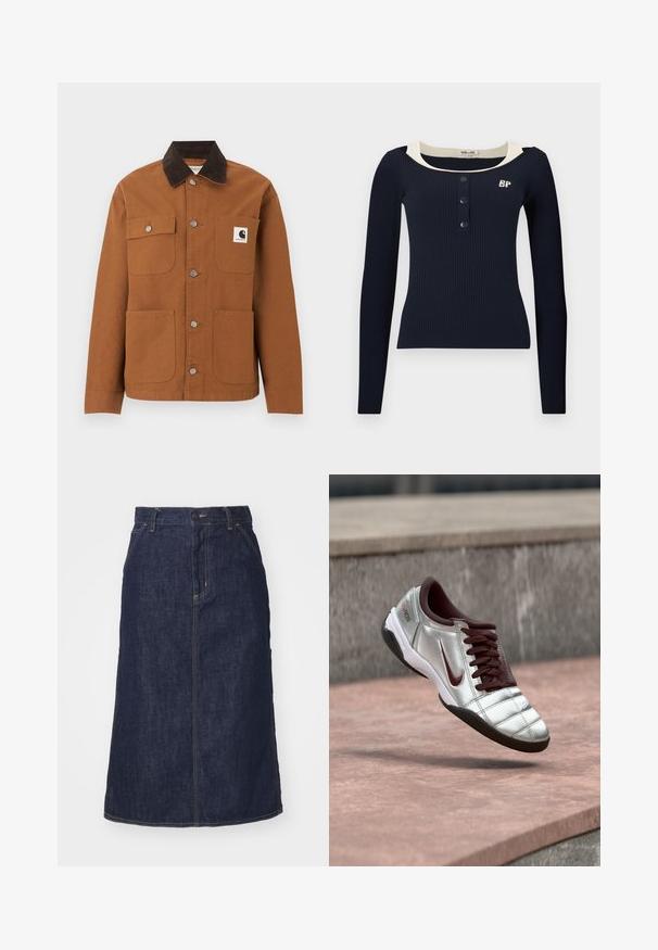 Καφέ μπουφάν Carhartt με μαύρο γιακά από κορδόνι, τέσσερις τσέπες μπροστά, εκ των οποίων η μία με λογότυπο, και μεταλλικά κουμπιά σούστες μπροστά.; Μπλε σκούρο μπλούζα με μακριά μανίκια και ριμπ υφή, με στρογγυλή λαιμόκοψη, αντίθετη κρέμα διακόσμηση, πατιλέτα με τρία κουμπιά και μικρό κεντημένο λογότυπο στο στήθος.; Σκούρα τζιν φούστα με ψηλή μέση, ίσια γραμμή, μπροστινές τσέπες και ραμμένες ραφές. Διαθέτει φερμουάρ και κουμπί στην μέση.; Ασημένιο και μπορντό αθλητικό παπούτσι Nike με κορδόνια που αιωρείται πάνω από μια επιφάνεια ροζ πέτρας και φόντο γκρι πέτρινης τοίχου.