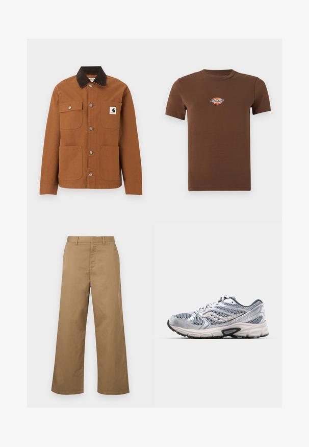 Καφέ μπουφάν Carhartt με μαύρο γιακά από κορδόνι, τέσσερις τσέπες μπροστά, εκ των οποίων η μία με λογότυπο, και μεταλλικά κουμπιά σούστες μπροστά.; Καφέ κοντομάνικη μπλούζα με στρογγυλή λαιμόκοψη και μικρό πολύχρωμο λογότυπο Dickies στο κέντρο του στήθους.; Καφέ παντελόνι με φαρδιά μπατζάκια, θηλιές για ζώνη και κλείσιμο με φερμουάρ μπροστά, εμφανίζεται σε λευκό φόντο.; Ασημί αθλητικό παπούτσι τρεξίματος με mesh επάνω μέρος, ενισχυμένη σόλα και γκρι λεπτομέρειες. Διαθέτει στρογγυλή μύτη και σχέδιο με κορδόνια. Ορατό λογότυπο της μάρκας.
