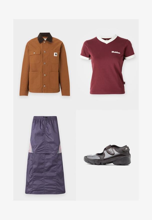 Καφέ μπουφάν Carhartt με μαύρο γιακά από κορδόνι, τέσσερις τσέπες μπροστά, εκ των οποίων η μία με λογότυπο, και μεταλλικά κουμπιά σούστες μπροστά.; Μπορντό μπλουζάκι V με λευκό ριγωτό γιακά και μανίκια. Διαθέτει το λευκό λογότυπο "Dickies" στο αριστερό στήθος. Κατασκευασμένο από βαμβάκι, με στενή γραμμή.; Μωβ φούστα από νάιλον με ελαστική μέση, διαθέτει πάνελ σε έντονα χρώματα σε ροζ και πράσινο, και ένα μικρό λευκό λογότυπο στο πάνω μέρος.; Αθλητικό παπούτσι σκούρου καφέ με γυαλιστερό φινίρισμα, λουράκι με βέλκρο, στρογγυλεμένη μύτη και υφή στην σόλα με στοιχεία σχεδιασμού για απορρόφηση κραδασμών.