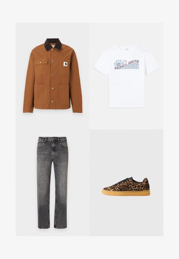 Καφέ μπουφάν Carhartt με μαύρο γιακά από κορδόνι, τέσσερις τσέπες μπροστά, εκ των οποίων η μία με λογότυπο, και μεταλλικά κουμπιά σούστες μπροστά.; Λευκή βαμβακερή μπλούζα με γραφικό σχέδιο πολύχρωμου λούνα παρκ και τρένου του θανάτου, με κείμενο "PS Paul Smith" σε κόκκινο και μπλε χρώμα.; Γκρι ξεβαμμένο τζιν με ίσια γραμμή, εμπρόσθιες τσέπες, θηλιές για ζώνη και κουμπί κλεισίματος.; Αθλητικά παπούτσια με σχέδιο λεοπάρ, από υλικό με υφή στην επάνω πλευρά και μαύρες κορδόνες. Διαθέτουν κίτρινη καουτσούκ σόλα και αντίθετο μαύρο εσωτερικό.