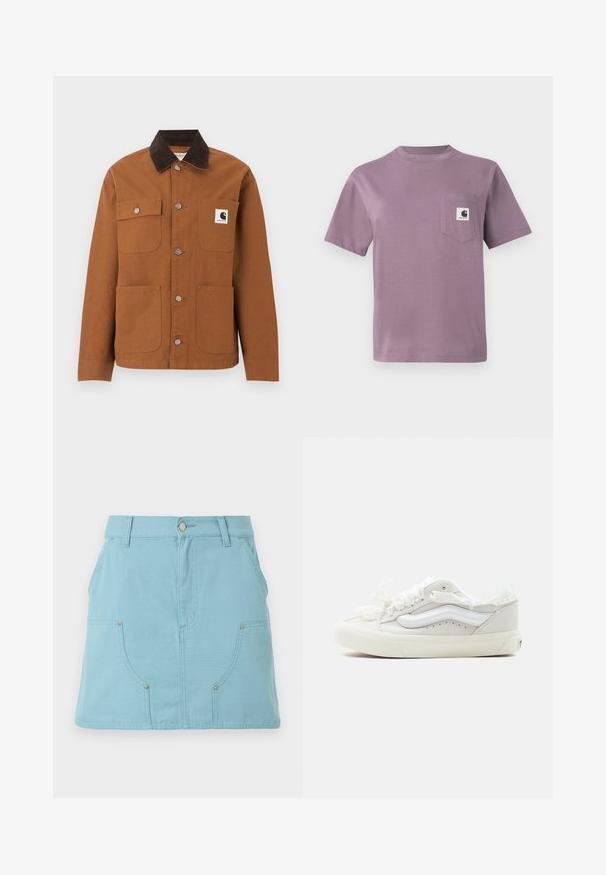 Καφέ μπουφάν Carhartt με μαύρο γιακά από κορδόνι, τέσσερις τσέπες μπροστά, εκ των οποίων η μία με λογότυπο, και μεταλλικά κουμπιά σούστες μπροστά.; Λιλά βαμβακερό t-shirt με στρογγυλή λαιμόκοψη, κοντά μανίκια και τσέπη στο αριστερό στήθος που διαθέτει ετικέτα με λογότυπο. Απαλή υφή, άνετη εφαρμογή.; Φούστα Α γραμμής σε ανοιχτό γαλάζιο χρώμα με μπροστινές τσέπες, θηλιές για ζώνη και κούμπωμα με κουμπί στη μέση, παρουσιάζεται σε λευκό φόντο.; Λευκό αθλητικό παπούτσι χαμηλού τύπου από καμβά, με λευκή λαστιχένια σόλα, κορδόνια από σατέν κορδέλα και λευκό κυματιστό σχέδιο στο πλάι.