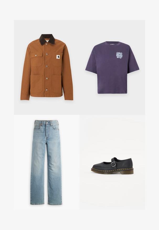 Καφέ μπουφάν Carhartt με μαύρο γιακά από κορδόνι, τέσσερις τσέπες μπροστά, εκ των οποίων η μία με λογότυπο, και μεταλλικά κουμπιά σούστες μπροστά.; Μωβ βαμβακερό t-shirt με χαλαρή εφαρμογή, κοντά μανίκια και γραφιστικό σχέδιο σε ανοιχτό μπλε στην αριστερή περιοχή του στήθους.; Φωτεινό γαλάζιο τζιν με ψηλή μέση, ίσια γραμμή παντελονιού, πέντε τσέπες και ορατές ραφές.; Μαύρες δερμάτινες Mary Jane με στρογγυλή μύτη, ρυθμιζόμενο κούμπωμα, κίτρινη ραφή και χοντρή καφέ ελαστική σόλα.