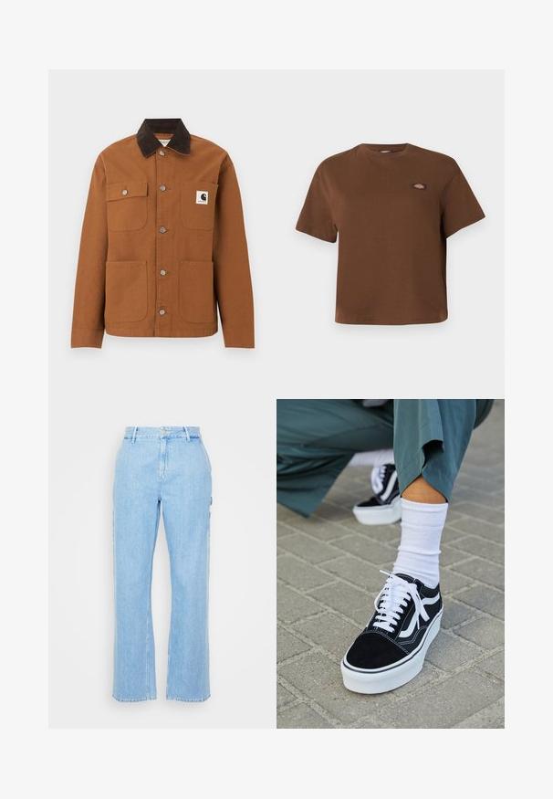 Καφέ μπουφάν Carhartt με μαύρο γιακά από κορδόνι, τέσσερις τσέπες μπροστά, εκ των οποίων η μία με λογότυπο, και μεταλλικά κουμπιά σούστες μπροστά.; Καφέ κοντομάνικη μπλούζα με στρογγυλή λαιμόκοψη και μικρό ορθογώνιο πολύχρωμο λογότυπο στο αριστερό στήθος.; Ανοιχτό μπλε τζιν παντελόνι με ίσια γραμμή, ψηλή μέση και μπροστινό κλείσιμο με κουμπί. Διαθέτει δύο πλαϊνές τσέπες και ελάχιστη ραφή.; Μαύρο σουέτ sneaker με λευκές λεπτομέρειες και κορδόνια, με παχύ λευκό πάτο και αντίθετη ραφή, συνοδευόμενο από λευκή κάλτσα.