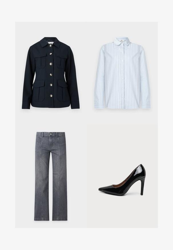 Veste bleu marine à manches longues, fermeture à boutons sur le devant, quatre grandes poches à rabat, et col classique.; Chemise à manches longues bleu clair avec des fines rayures verticales bleu marine et rouges et un col pointu, posée à plat sur un fond blanc.; Jean droit gris en denim avec détails sur la couture avant, passants de ceinture et fermeture par bouton sur un fond clair uni.; Escarpin femme en cuir verni noir à talon haut, bout pointu et talon fin sur fond blanc uni.