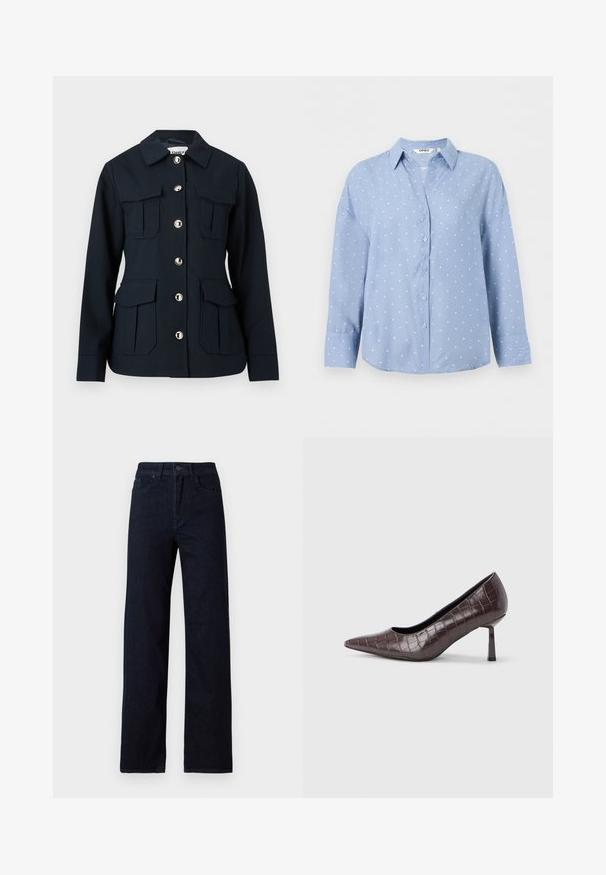 Veste bleu marine à manches longues, fermeture à boutons sur le devant, quatre grandes poches à rabat, et col classique.; Chemise bleu clair à manches longues avec boutons, pois blancs et col pointu, présentée sur un fond blanc uni.; Jeans en denim bleu foncé avec une coupe droite, comportant cinq poches, une fermeture à bouton sur le devant, et une texture subtile sans embellissements.; Escarpins à bout pointu en similicuir marron avec une texture crocodile, dotés d’un talon fin et angulaire ainsi que d’une doublure intérieure lisse.