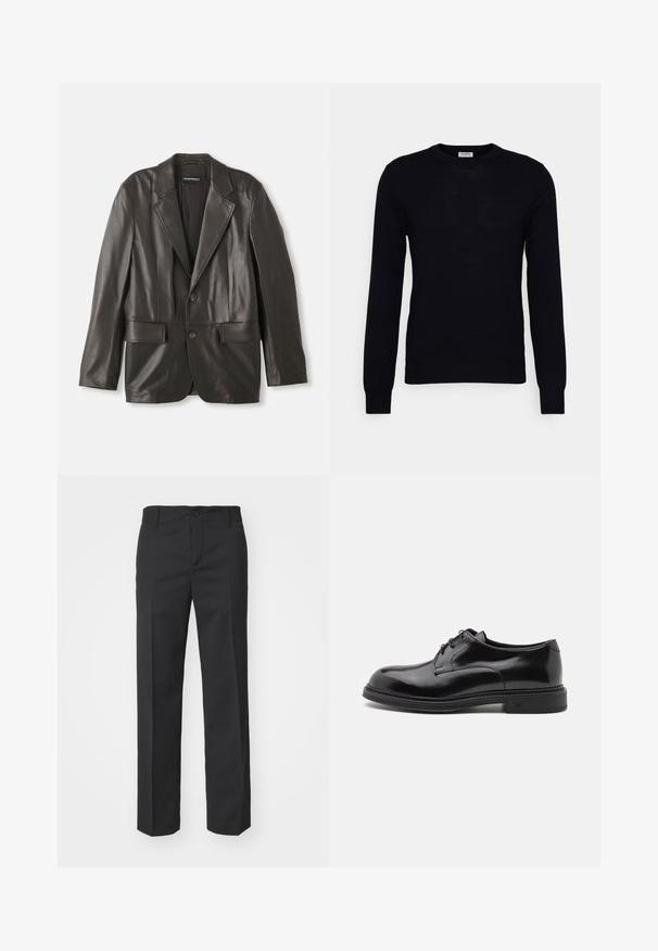 Zwarte leren blazer met notch-lapels, twee knopen en klepzakken, plat gelegd tegen een witte achtergrond.; Zwarte lange mouwen trui gemaakt van zacht gebreid materiaal. Ronde halslijn, geribbelde manchetten en zoom. Minimalistisch ontwerp zonder zichtbare patronen of knopen.; Filippa K TROY TROUSERS - Broek - black; Zwarte leren nette schoen met een gladde afwerking, ronde neus en veters. Heeft een dikke zwarte zool en subtiele stiksels langs de rand.