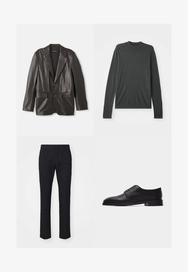 Blazer de cuero negro con solapas de notch, dos botones y bolsillos con solapa, colocado plano sobre un fondo blanco.; Suéter de punto de manga larga gris oscuro con cuello alto acanalado. Textura suave, corte holgado y sin patrones visibles ni detalles metálicos.; Pantalones navy con un corte entallado, hechos de una tela suave. Cuentan con un frente plano, trabillas para un cinturón y piernas rectas con un dobladillo limpio.; Zapato Oxford de vestir de cuero negro para hombre con cordones cerrados y tacón apilado bajo, mostrado en perfil lateral sobre un fondo blanco.