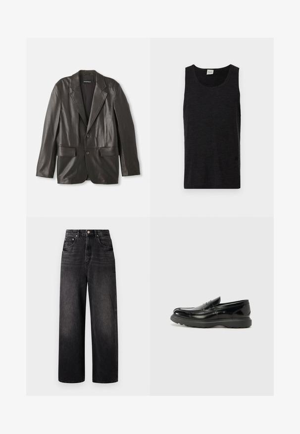 Blazer en cuir noir avec revers crantés, deux boutons et poches à rabat, posé à plat sur un fond blanc.; Débardeur noir sans manches en matériau texturé. Doté d'un col rond et d'un accent logo discret près de l'ourlet. Design simple.; Jeans en denim noir avec une coupe ample, taille haute, cinq poches et une fermeture à bouton visible. Présente un délavage subtil et une coupe droite.; Mocassin en cuir noir avec une finition brillante, bout arrondi, détails de couture subtils et semelle en caoutchouc épaisse pour la durabilité.