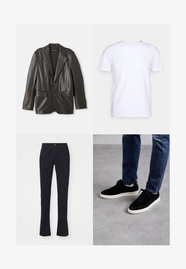 Sort læderblazer med klapkraver, to knapper og klaplommer, lagt fladt mod en hvid baggrund.; Hvid kortærmet t-shirt i bomuldsstof med rund halsudskæring. Enkel design uden mønstre eller detaljer. Glat tekstur.; Sorte bomuldsbukser med lige pasform, der har knaplukning, to forlommer og en glat overflade. Ingen mønstre eller detaljer.; Sorte ruskind sneakers med en hvid gummisål, der har et klassisk low-top design, rundt tå og flade sorte snørebånd.