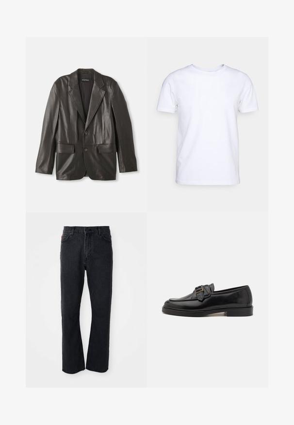Blazer de cuero negro con solapas de notch, dos botones y bolsillos con solapa, colocado plano sobre un fondo blanco.; Camiseta blanca de manga corta en tejido de algodón con cuello redondo. Diseño simple sin patrones ni acentos. Textura suave.; Jeans de mezclilla negra con un diseño de pierna recta, cintura alta, cierre de botón y detalles de costura sutiles a lo largo de los bolsillos y las costuras.; Mocasines de cuero negro con punta redonda y un acento decorativo de hebilla. Tacón plano y sólido, con una textura suave en todo el zapato.