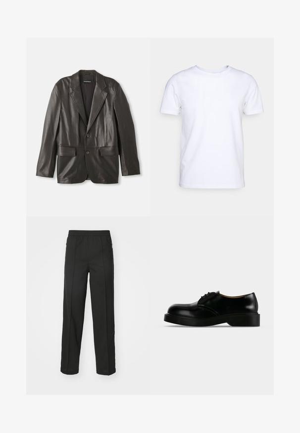 Zwarte leren blazer met notch-lapels, twee knopen en klepzakken, plat gelegd tegen een witte achtergrond.; Witte katoenen t-shirt met korte mouwen en een ronde hals. Eenvoudig ontwerp zonder patronen of accenten. Glad textuur.; Zwarte broek van rekbaar materiaal, met een rechte snit, zijzakken met rits en een gladde textuur zonder zichtbare patronen.; Zwarte gepolijste leren veterschoen met dikke zool, afgeronde neus en lage hak, zijaanzicht op een effen achtergrond.