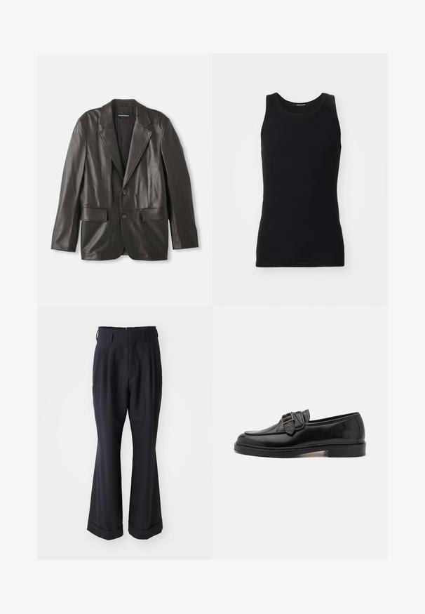 Sort læderblazer med klapkraver, to knapper og klaplommer, lagt fladt mod en hvid baggrund.; Sort tanktop lavet af et glat, strækbart materiale. Har en rund halsudskæring og ingen ærmer, med en tætsiddende pasform og enkelt design.; Sorte skræddersyede bukser med en afslappet pasform, plisseret forside og vide ben. Har en opsmøg i bunden og en glat stofstruktur.; Sorte læder loafers med rund tå og en dekorativ spændeaccent. Flad, solid hæl og glat tekstur hele vejen igennem.