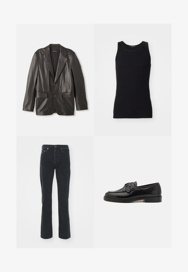 Blazer de cuero negro con solapas de notch, dos botones y bolsillos con solapa, colocado plano sobre un fondo blanco.; Top de tirantes negro hecho de un material suave y elástico. Presenta un escote redondo y sin mangas, con un corte ajustado y un diseño sencillo.; Vaqueros de mezclilla negra con un diseño de pierna recta, que cuentan con cinco bolsillos y un cierre de botón. La tela tiene una textura sutil y un acabado resistente.; Mocasines de cuero negro con punta redonda y un acento decorativo de hebilla. Tacón plano y sólido, con una textura suave en todo el zapato.