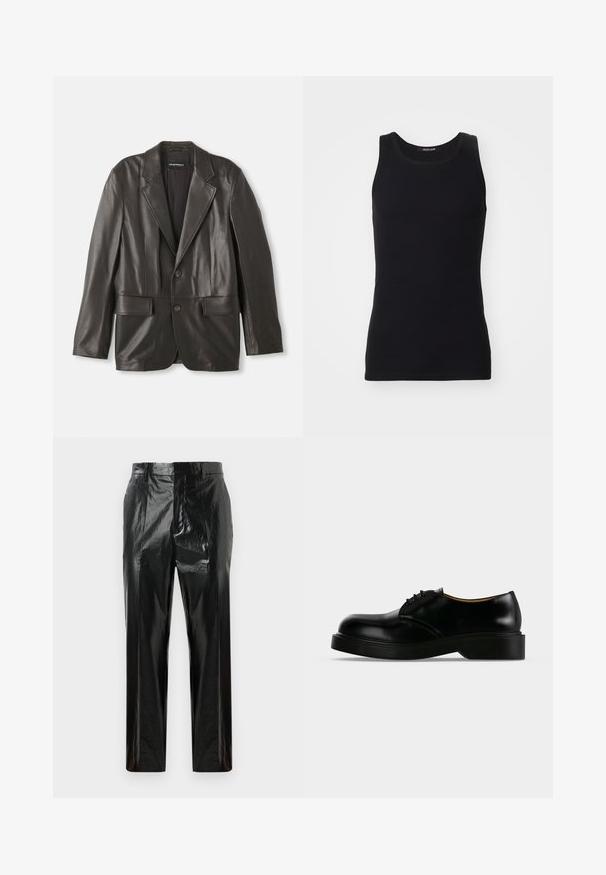Zwarte leren blazer met notch-lapels, twee knopen en klepzakken, plat gelegd tegen een witte achtergrond.; Zwarte tanktop gemaakt van een gladde, rekbare stof. Heeft een ronde halslijn en geen mouwen, met een slim fit en een eenvoudig ontwerp.; Zwarte hoogglanzende vinyl rechte broek met riemlussen, verborgen sluiting aan de voorkant en geplooide details.; Zwarte gepolijste leren veterschoen met dikke zool, afgeronde neus en lage hak, zijaanzicht op een effen achtergrond.